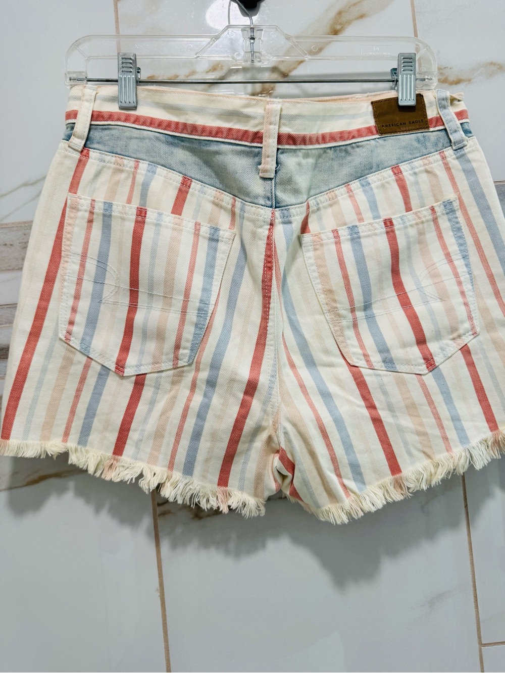 American Eagle Striped Denim Patchwork Cutoff Shorts Women’s Size 8 Festival Y2K - Picture 6 of 13